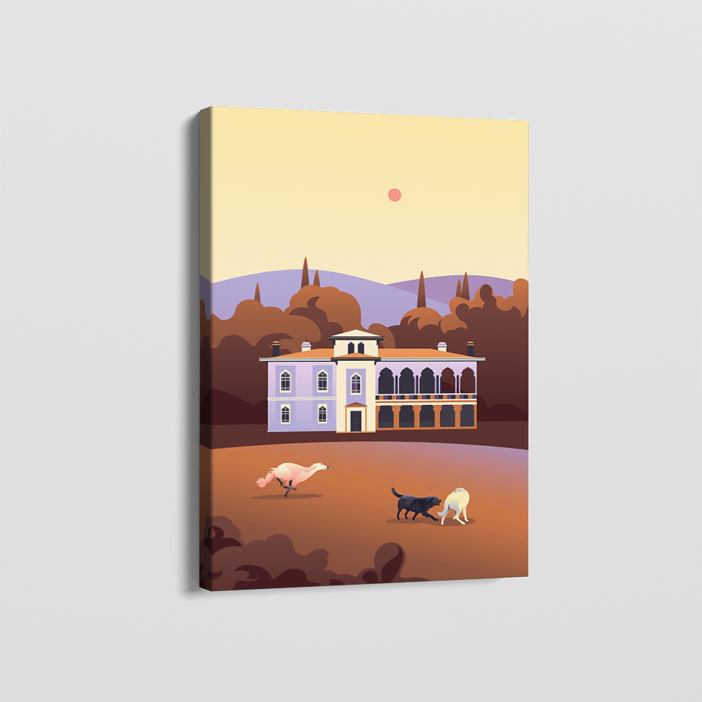 Autumn Whispers wall art, pastoral painting of a country house with animals in front of layered hills under a pale yellow sky