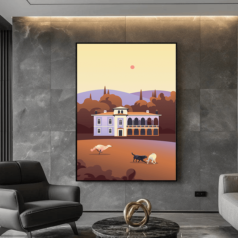 Autumn Whispers wall art, pastoral landscape painting with country house and animals in warm terracotta tones