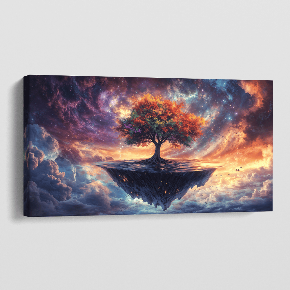 Cosmic floating tree landscape wall art, vibrant nebula clouds and starry sky surrounding an island in space
