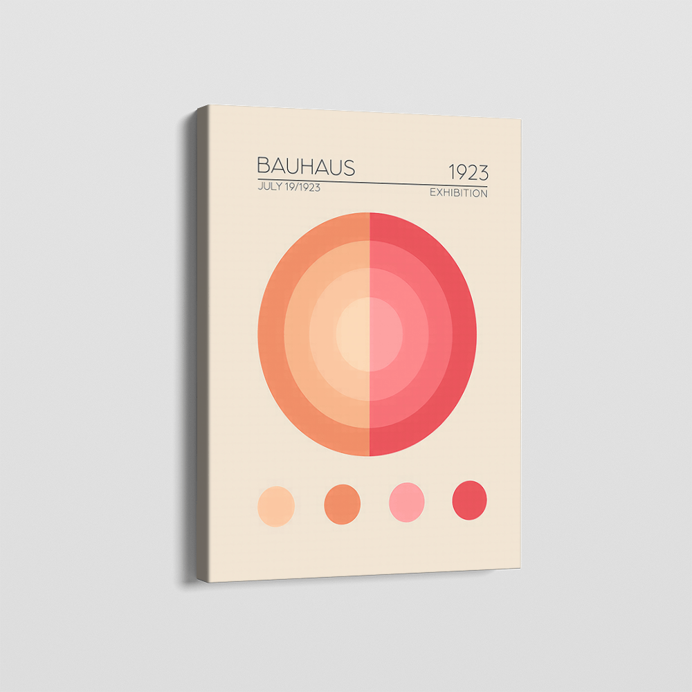 Bauhaus circles wall art print, geometric red and pink abstract composition with color swatches on beige background
