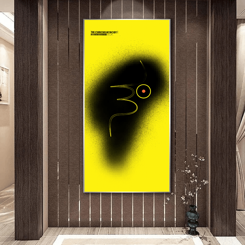 Abstract yellow and black minimalist wall art print with a curved line and orange accent on a bright yellow field