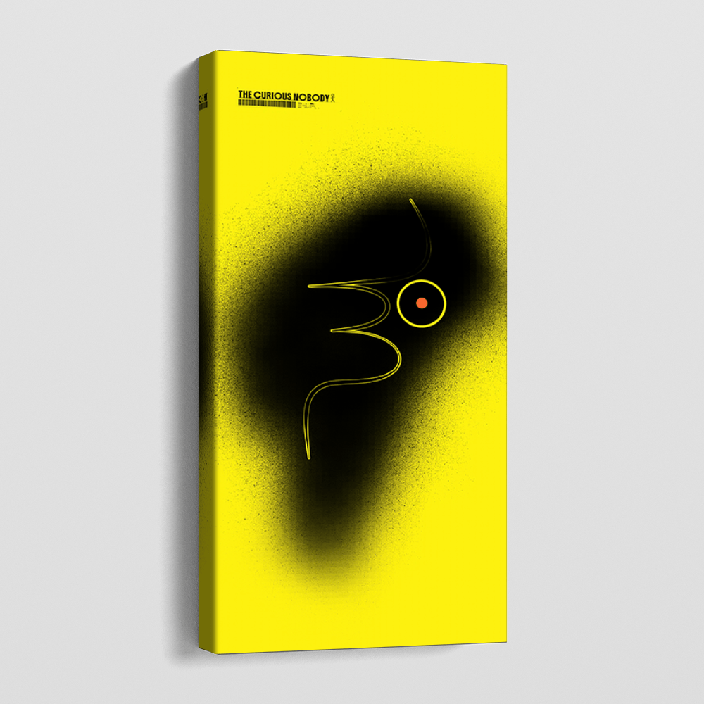 Abstract yellow and black wall art print featuring a central dark shape, fluid line, and orange dot