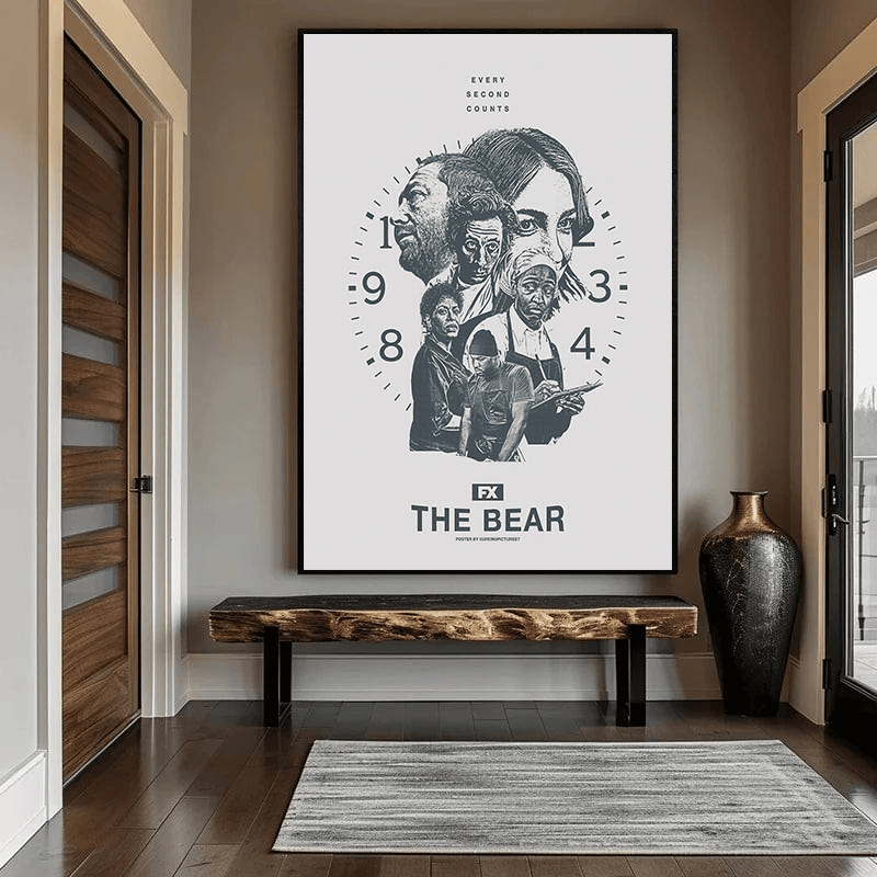 The Bear TV show poster wall art, monochromatic portrait of restaurant characters in a clock design hanging in an entryway