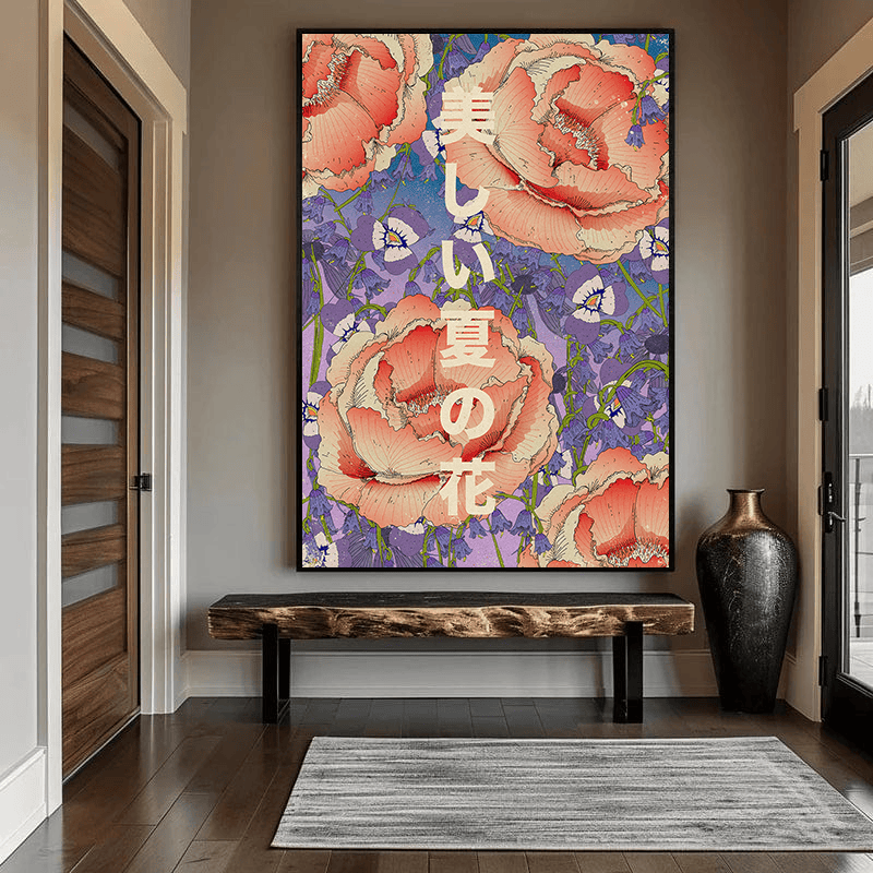 Japanese botanical floral wall art, coral and peach peony flowers with purple background and Japanese script