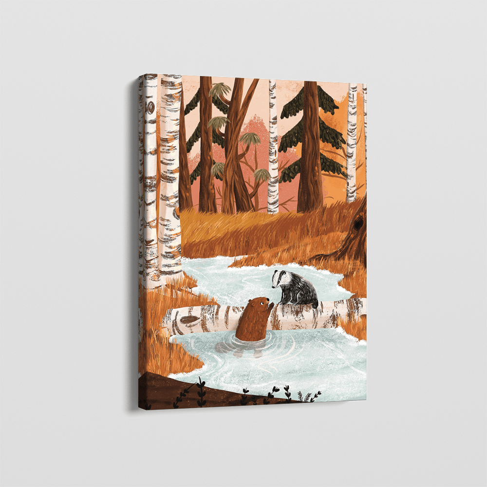 Beaver and badger in the woods wall art, illustrated forest scene with a stream and birch trees