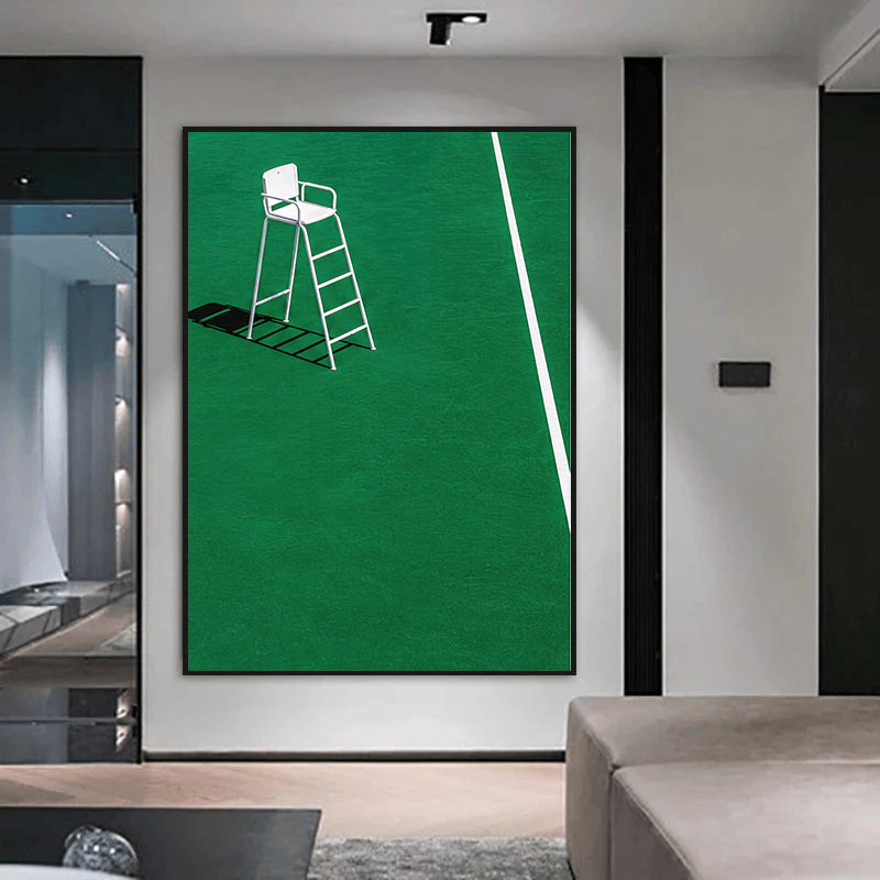 Minimalist tennis court wall art, green surface with a white umpire chair and a vertical line casting a long shadow