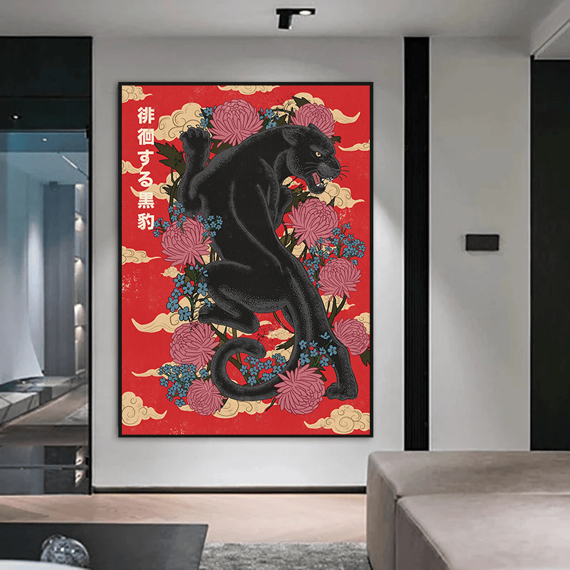 Black Panther Japanese Blooms wall art, black panther with pink flowers and red background in a black frame