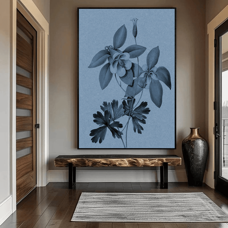 Blue columbine botanical study wall art, monochromatic blue flower and foliage illustration hanging in a hallway