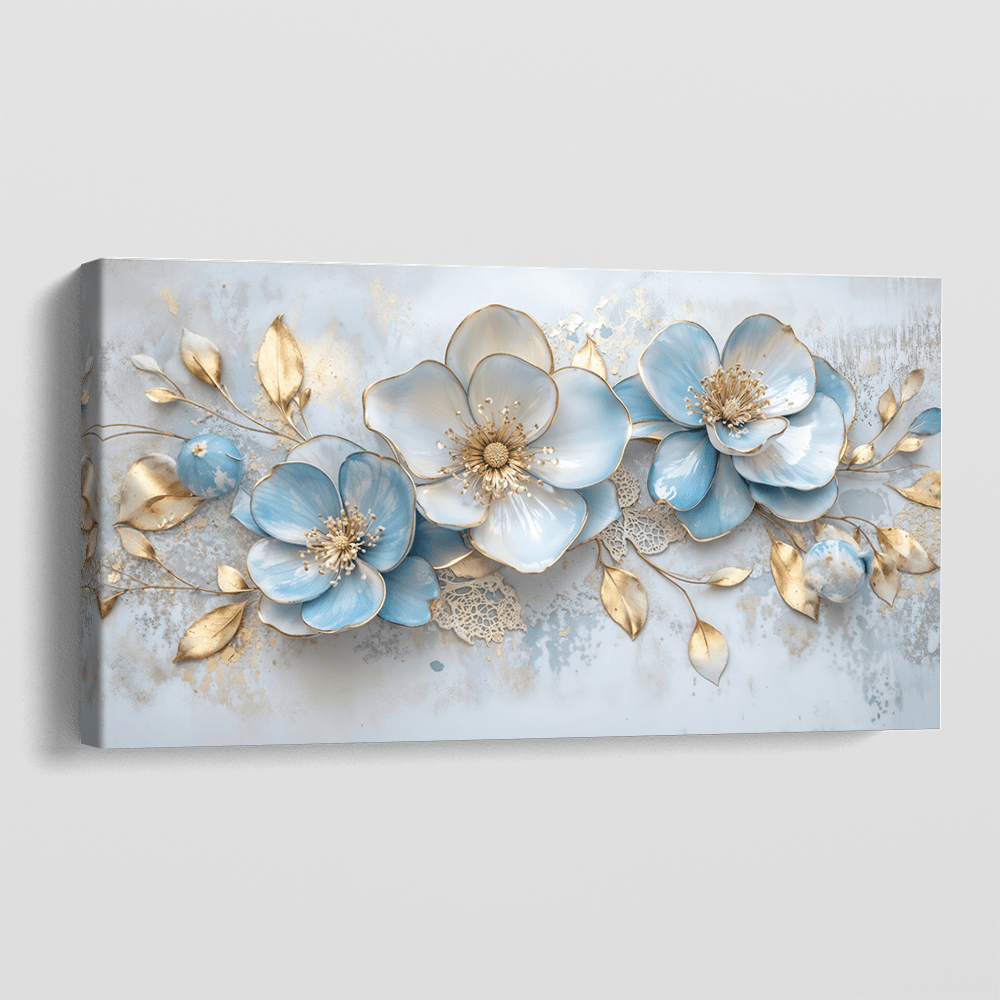 Blue floral and gold leaves wall art, delicate blue blossoms with metallic gold accents on canvas