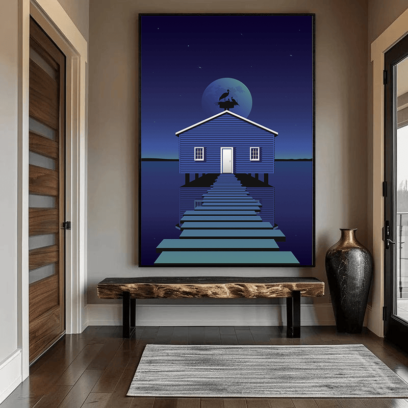 Blue ocean landscape painting wall art, solitary house on the water under a night sky