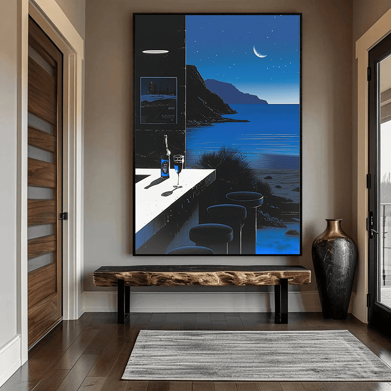 Blue ocean landscape wall art, moonlit coastal bar terrace overlooking the sea in deep navy tones