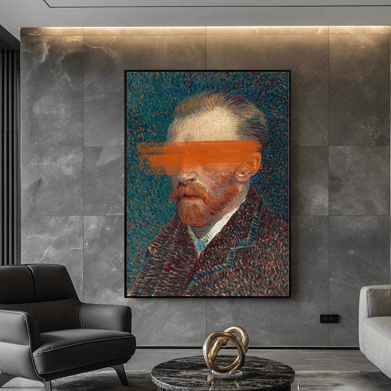 Bold Orange Portrait wall art, bearded man with a bright orange stroke across the eyes in a dark textured pointillist style
