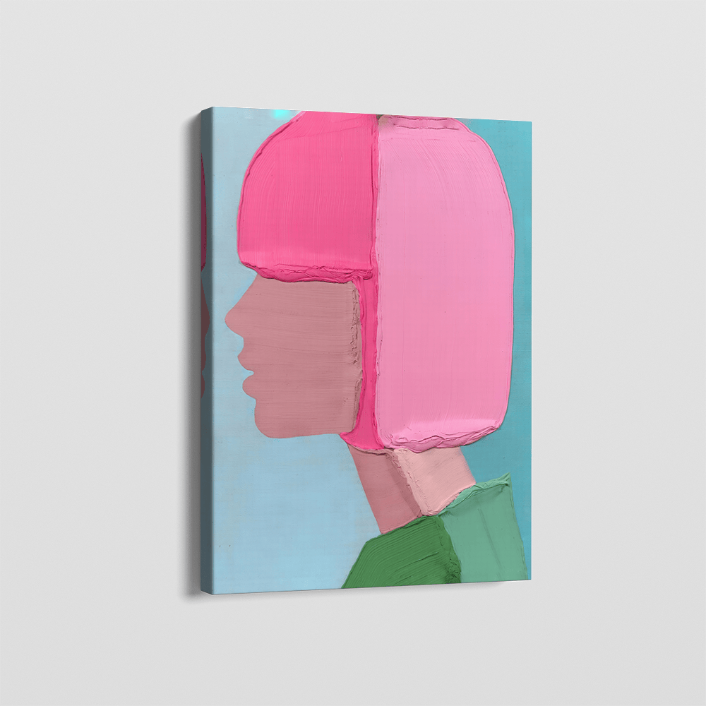Candy Pink wall art, minimalist female portrait with vibrant pink hair and green clothing against blue