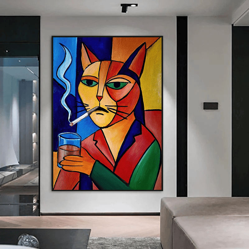 Abstract cat portrait wall art, cubist feline with a glass and cigarette in blue, red, gold and green