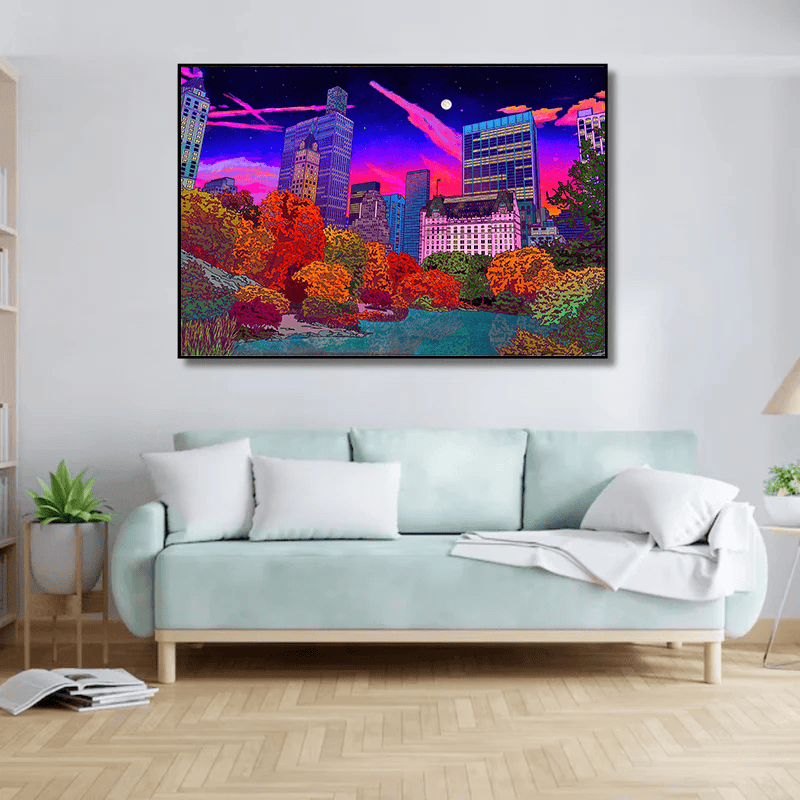 Central Park urban landscape wall art, vibrant autumn foliage and glowing skyscrapers against a blue and violet evening sky