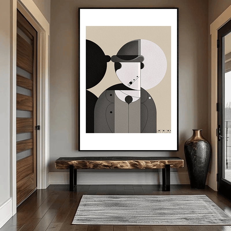 Minimalist portrait wall art, geometric black and white cinematic character print in a black frame hanging in an entryway