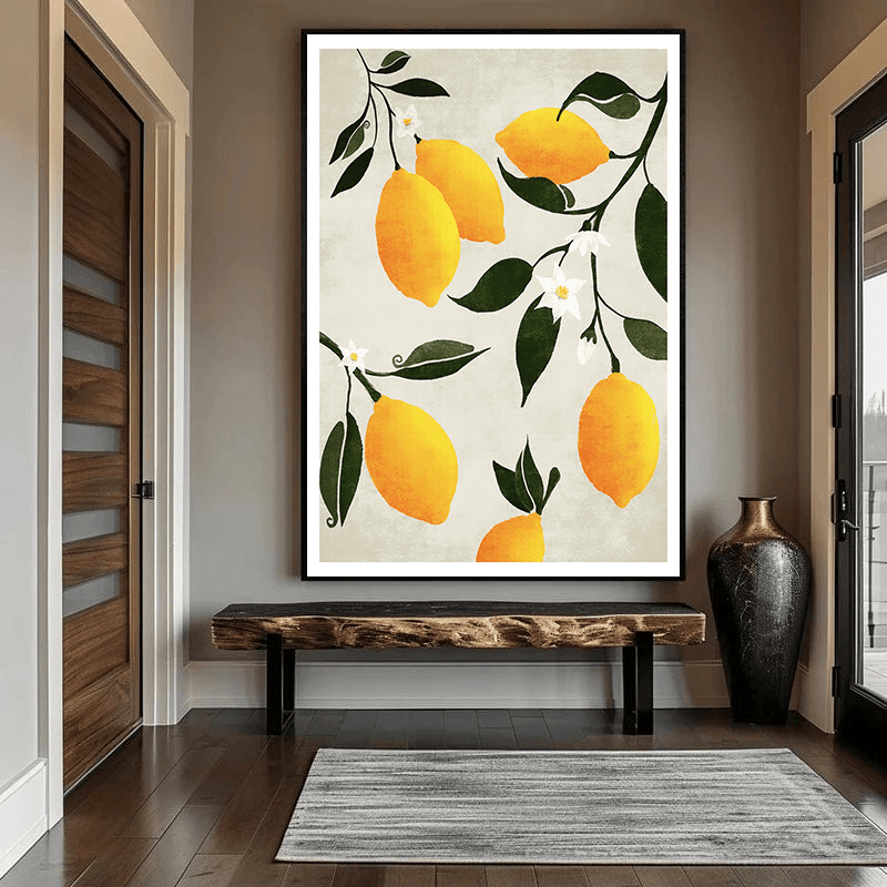 Botanical wall art, vibrant yellow lemons and dark green leaves on a bench in an entryway