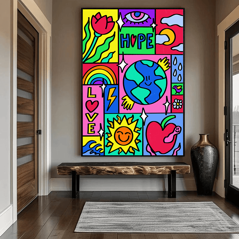 Colorful environmental symbols wall art print, vibrant grid with smiling earth, rainbow, flowers, sun, and hope text