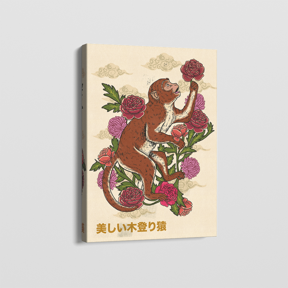 Climbing Monkey with Peonies wall art, Japanese style illustration of a brown monkey reaching for red flowers