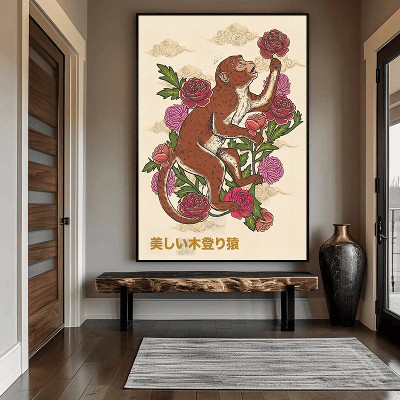 Climbing Monkey with Peonies wall art, Japanese style painting of a monkey in a tree with pink flowers in an entryway