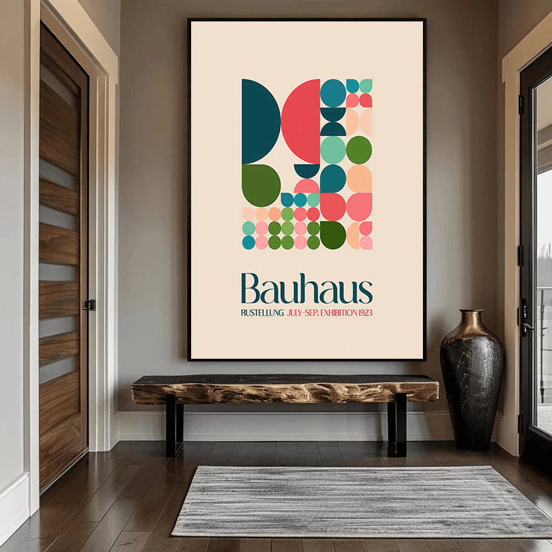 Colorful geometric harmony wall art, Bauhaus abstract poster with teal and pink shapes above a bench in an entryway