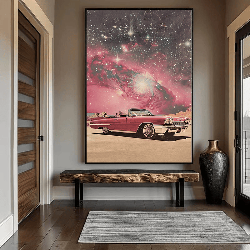 Cosmic Desert Ride wall art, vintage pink convertible car parked in a desert under a pink galaxy and starry night sky