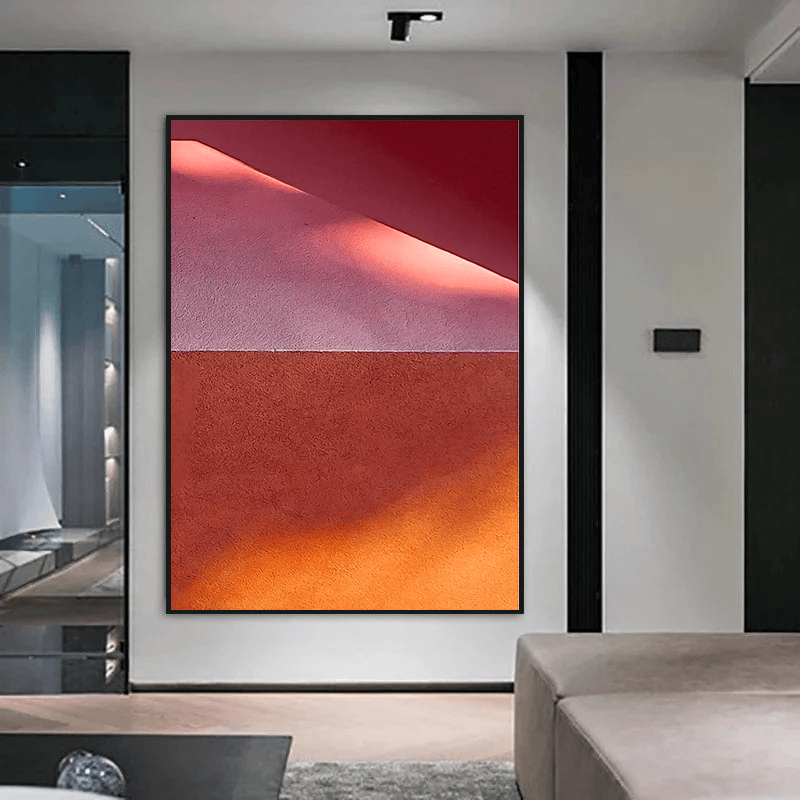 Abstract red and pink architectural wall art, layered planes and diagonal shadow over warm light