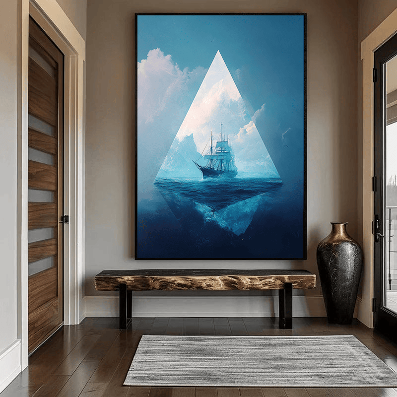 Blue ocean landscape wall art, surreal painting of a sailing ship inside a luminous pyramid with icy blue water and clouds