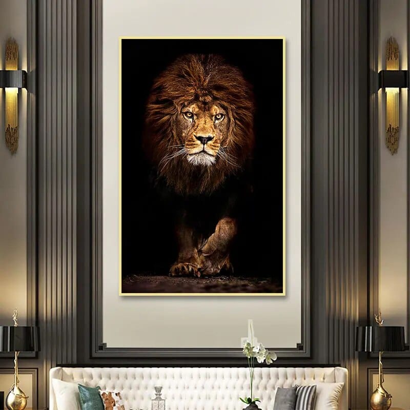 The Hunting King golden lion portrait wall art in a thin gold frame hanging above a white sofa