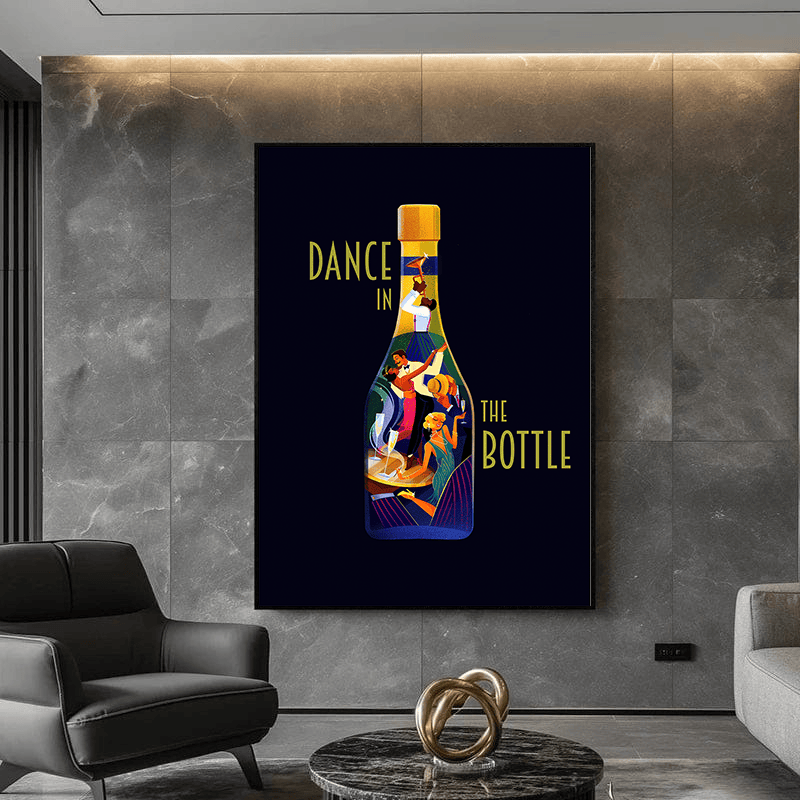 Dance in the Bottle wall art, dancers inside a bottle silhouette against a dark navy background