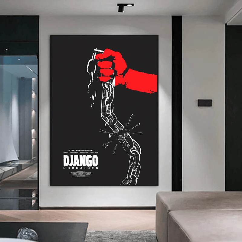 Graphic movie poster wall art, red hand gripping a breaking metal chain on a dark charcoal background