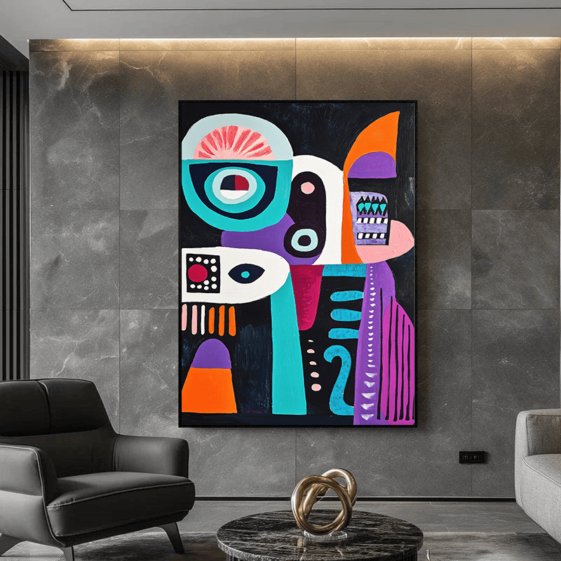 Abstract geometric face portrait wall art, colorful modern shapes with turquoise, coral and purple tones in a black frame
