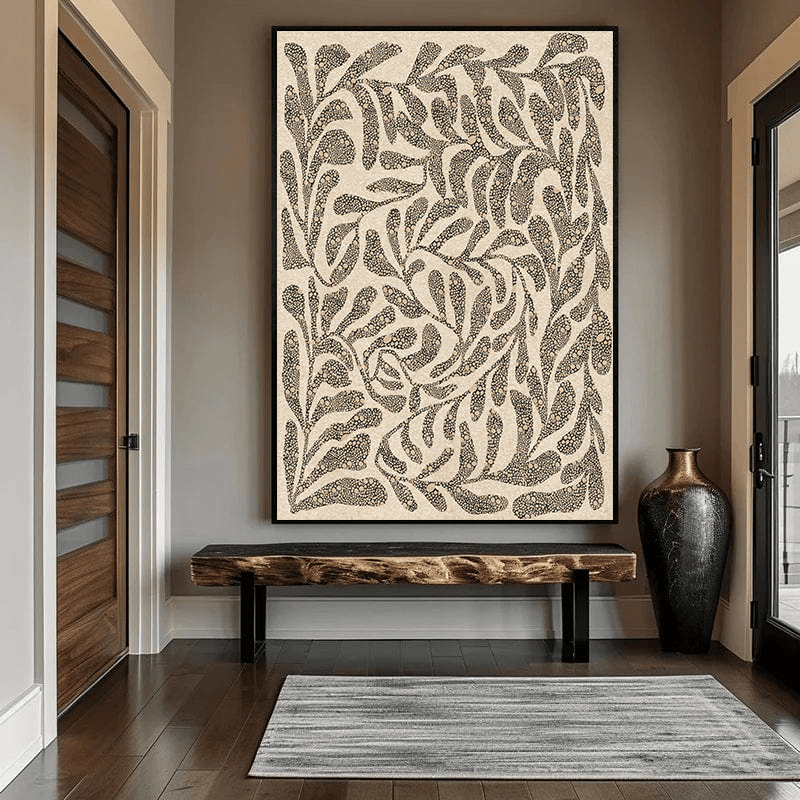 Dotted organic leaves wall art, intricate botanical painting with charcoal patterns on an ivory ground
