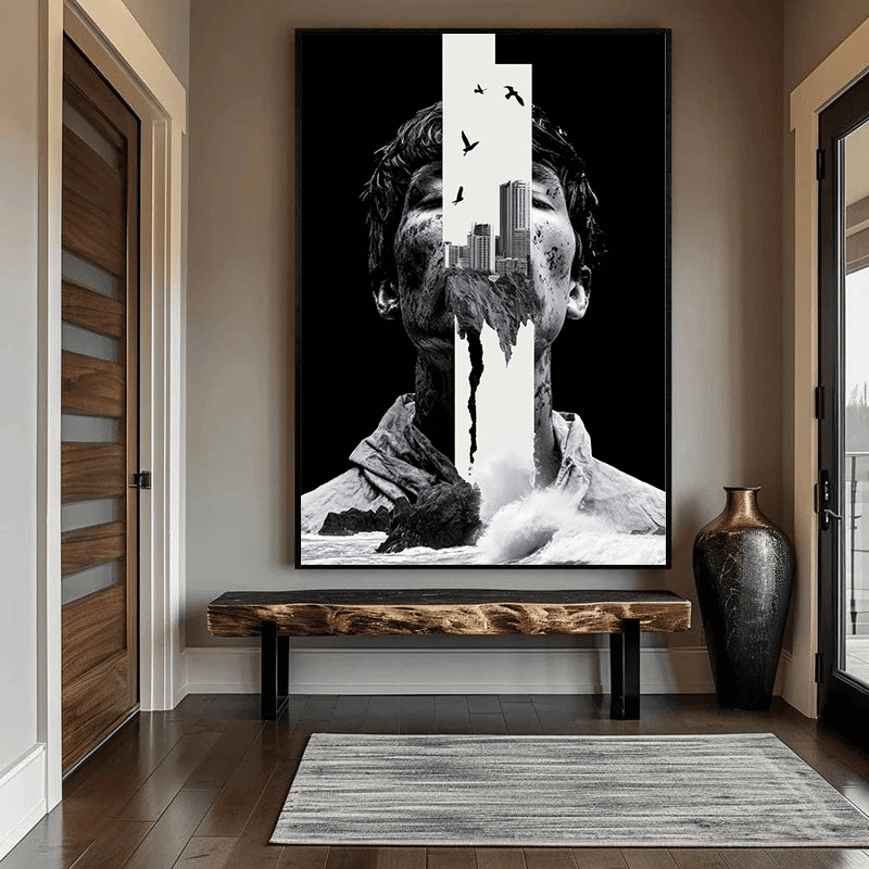 Black and white portrait and cityscape wall art, double exposure of a man and buildings hanging in a modern entryway