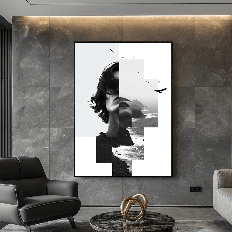 Double exposure tide wall art, black and white portrait of a person blending with ocean waves and birds