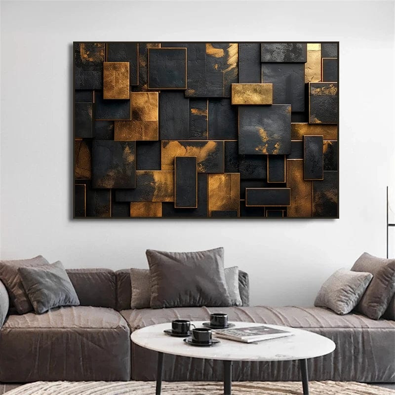 Abstract black and gold geometric wall art, interlocking rectangular panels with golden strokes above a grey sofa