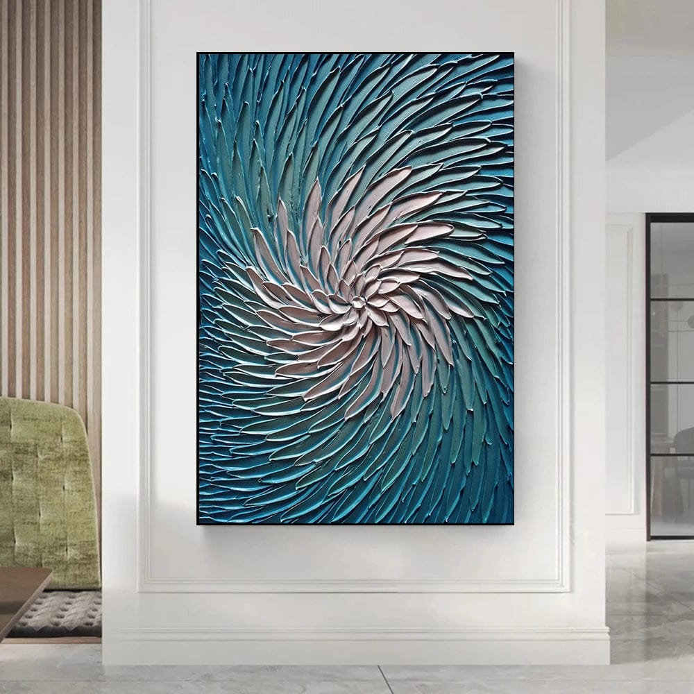 Abstract blue and silver floral wall art, textured spiraling petal painting in a black frame