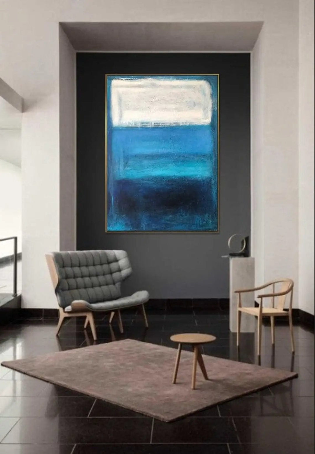 Abstract blue ocean and white sky wall art print, minimalist sea painting with layered azure tones