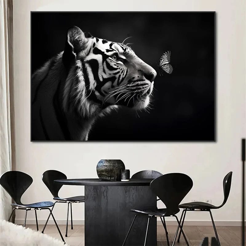 Tiger and butterfly animal wall art, black and white tiger portrait gazing at a small butterfly on a dark background