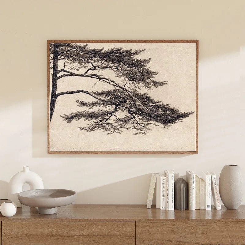 Black pine tree landscape painting wall art, detailed ink strokes on a beige background in a wood frame