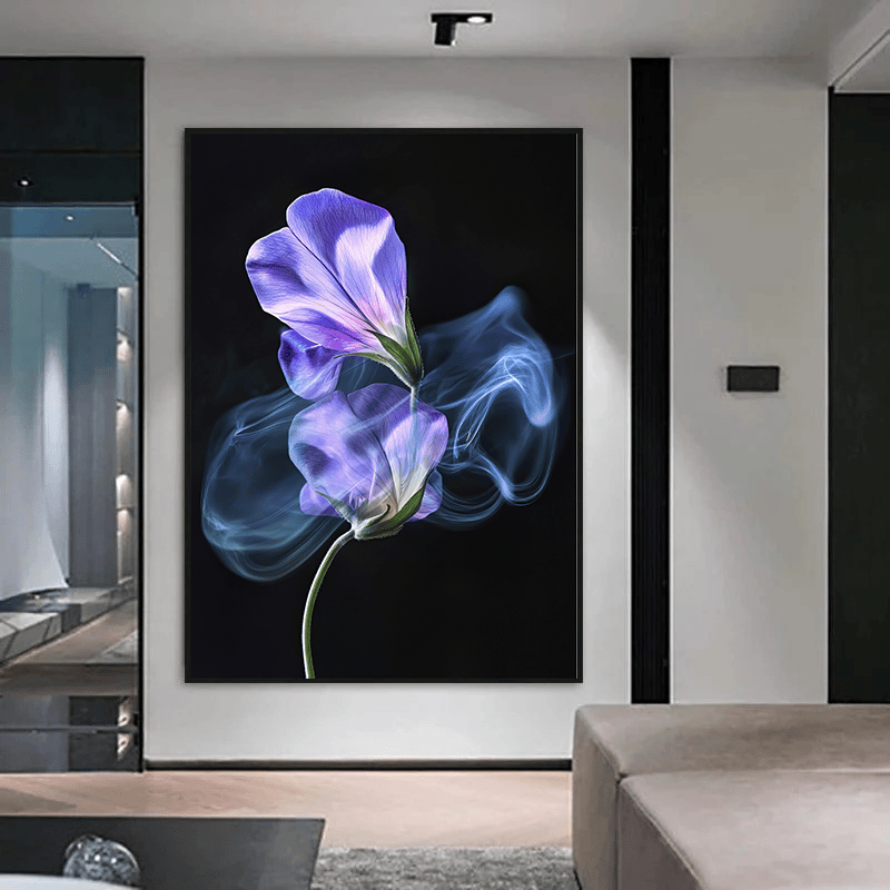 Violet floral botanical wall art, purple sweet pea flowers with glowing blue wisps on black background