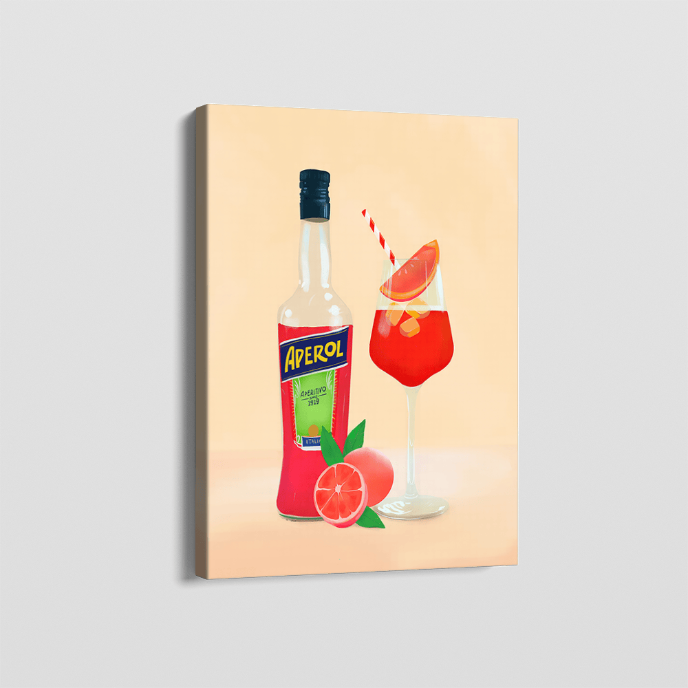 Drink wall art, red cocktail in a glass with a straw next to an aperitif bottle and grapefruits on peach background