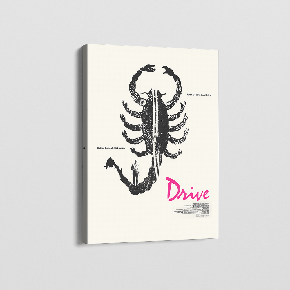 Drive Canvas wall art, black textured scorpion graphic with pink typography on off white background
