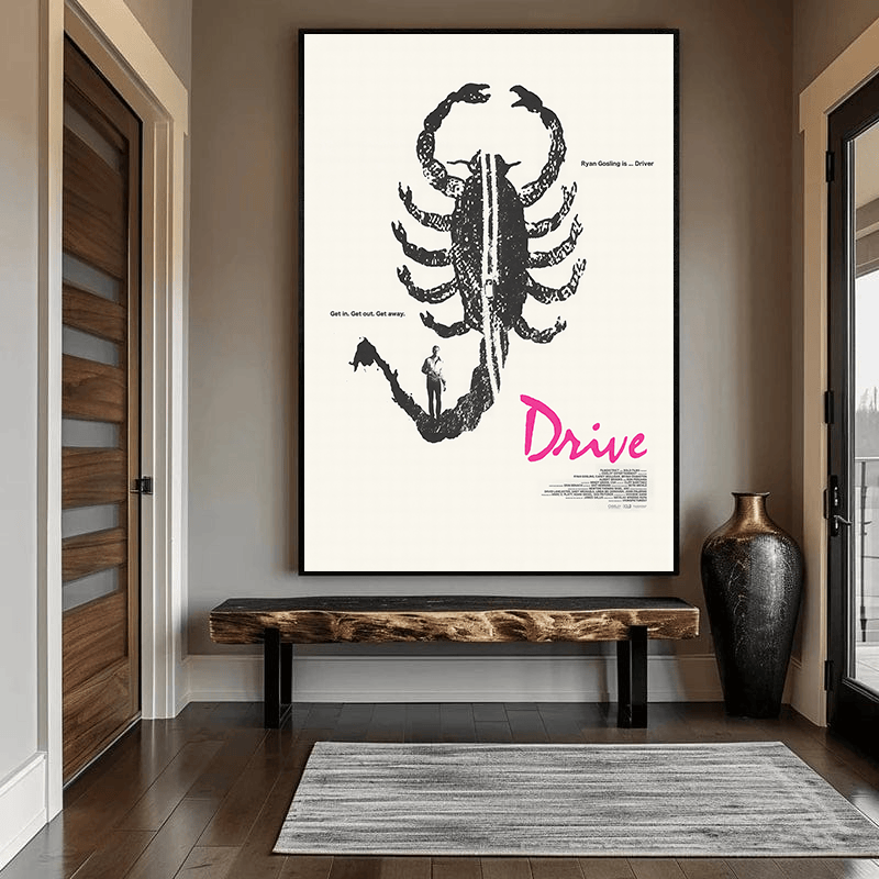 Black and pink scorpion wall art print, distressed graphic with typography on off white ground