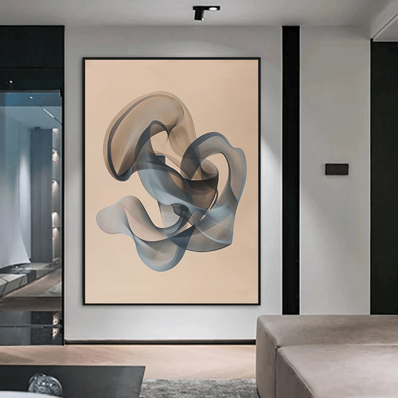 Abstract ribbon lines wall art, flowing dark gray and blue shapes on a textured beige field in a black frame