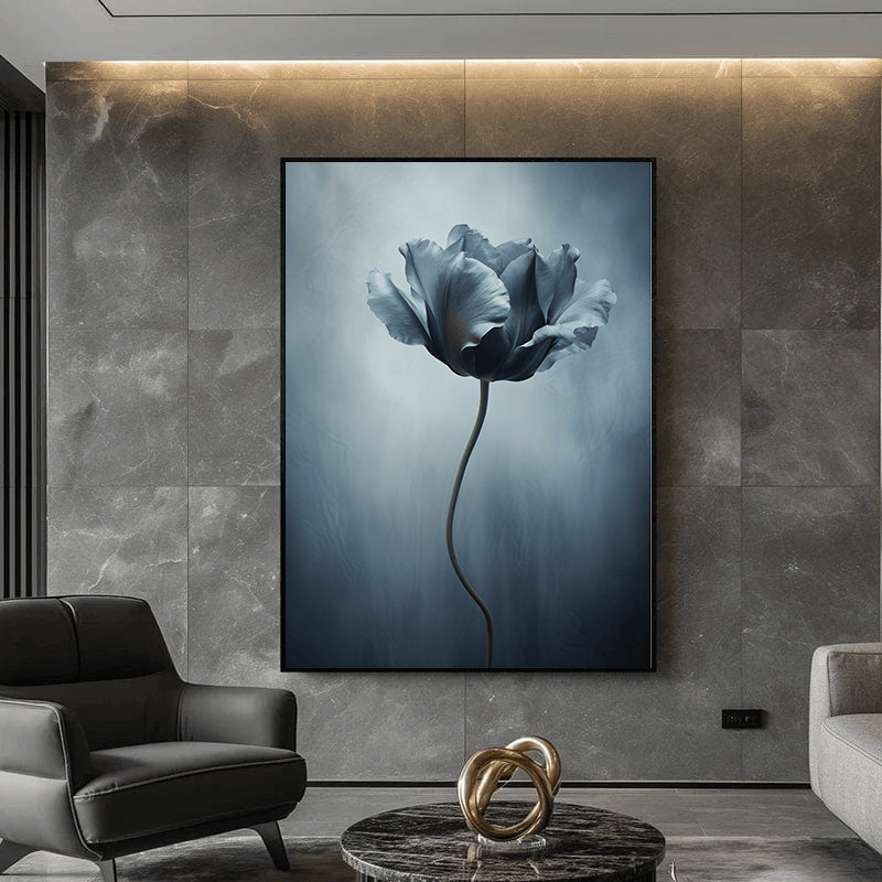 Elegant Blue Tulip wall art, single blue botanical flower with curved stem on blue-grey background in a black frame