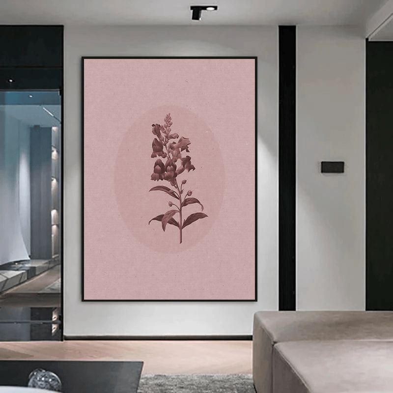 Elegant Botanical Study wall art, pink floral print with a single flowering plant on a muted blush background