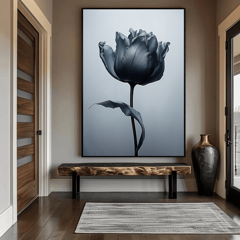 Elegant Gray Tulip wall art, dark monochromatic botanical print hanging above a bench in an entryway