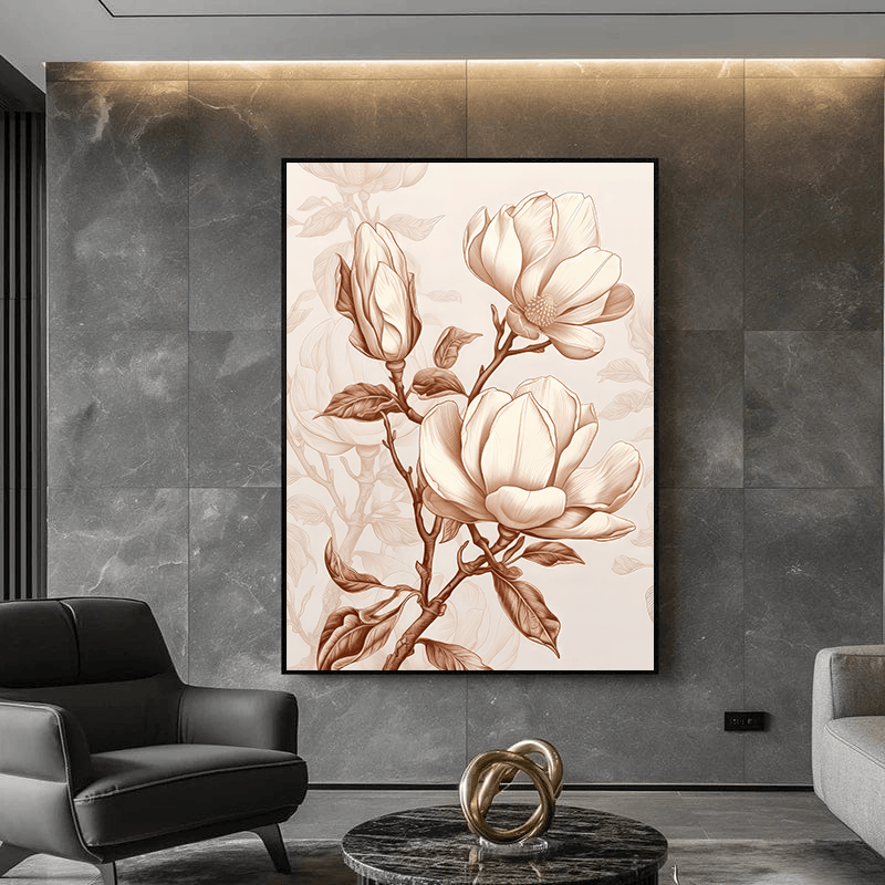 Elegant Magnolia Drawing wall art, botanical flower painting with sepia brown linework on an ivory background