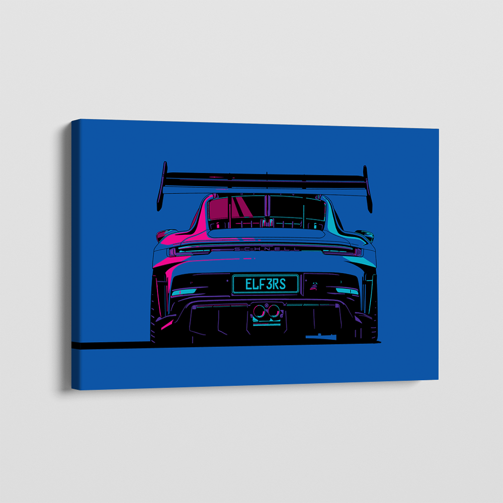 ELF3RS canvas wall art, electric blue sports car rear view with magenta highlights and black details